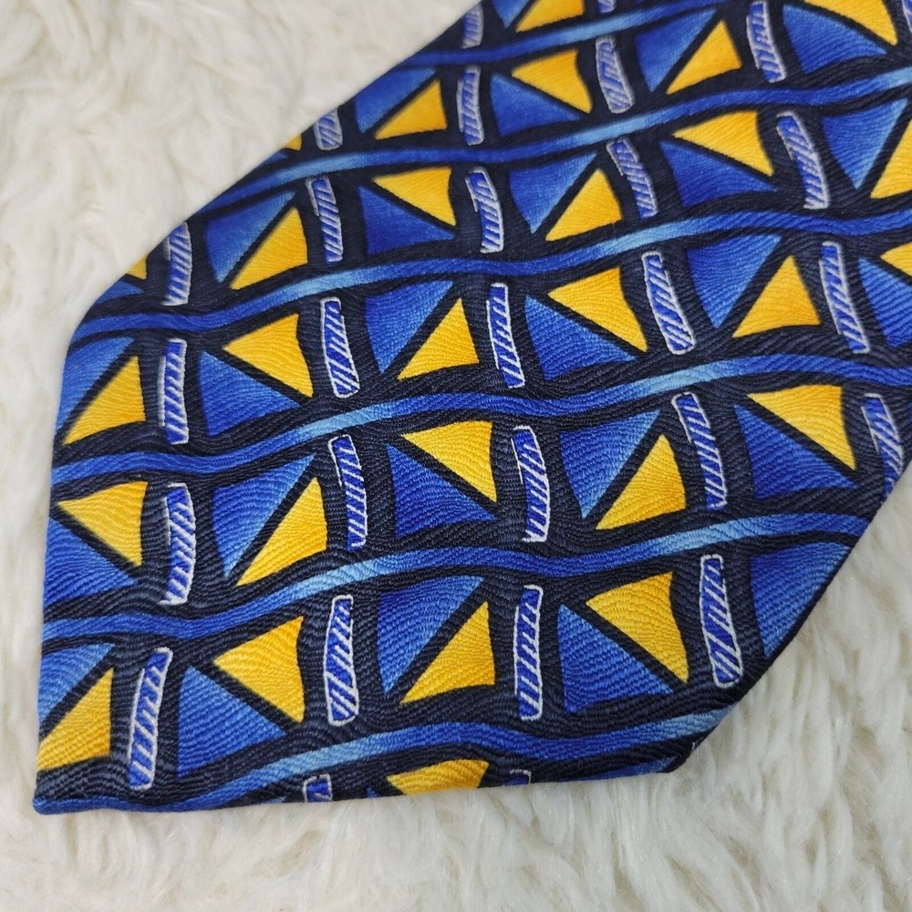 Vintage 90's Silk Necktie Men's Foulard Fence Patrern Blue & Yellow Geometric - Picture 2 of 8